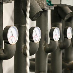 Industrial pipes and pressure gauges in a facility at Garešnica, Croatia.
